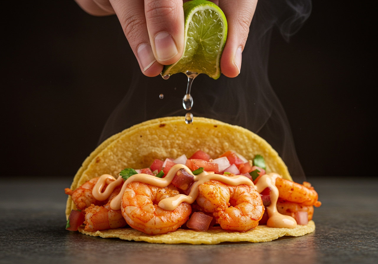 A close-up of a hand squeezing a wedge of lime over a finished spicy shrimp taco.