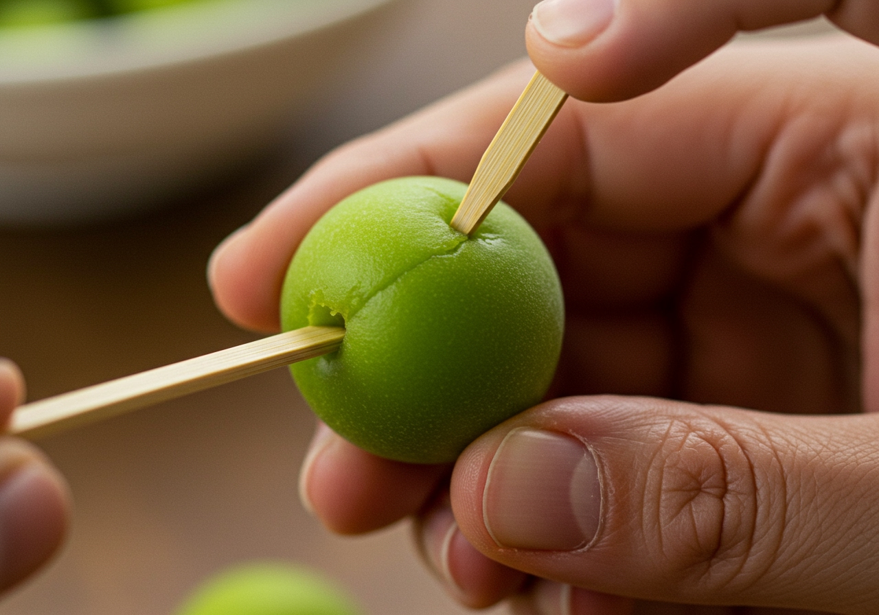 A close-up of a hand using a bamboo skewer to remove the stem (heta) from a green ume plum.