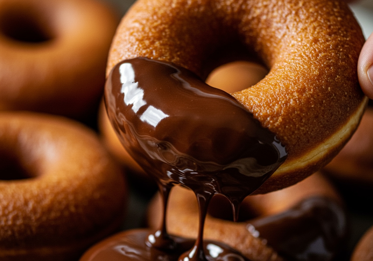 A close-up of a homemade yeast donut being dipped into a luscious chocolate glaze, with more glazed donuts visible in the blurred background.