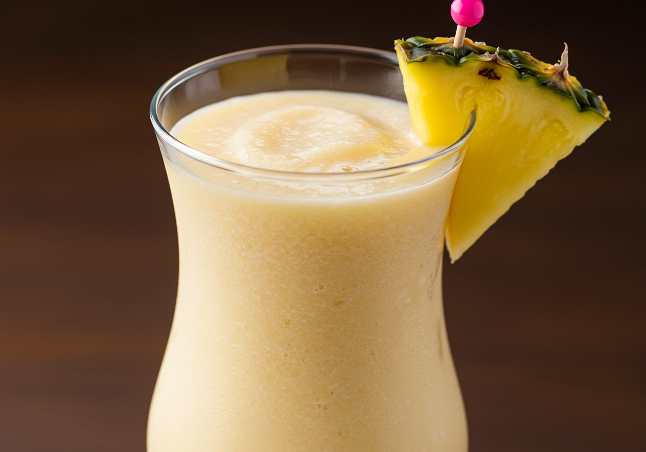A close-up of a perfectly blended, creamy healthy piña colada in a hurricane glass, showing the texture and a hint of a small umbrella and fresh pineapple garnish.