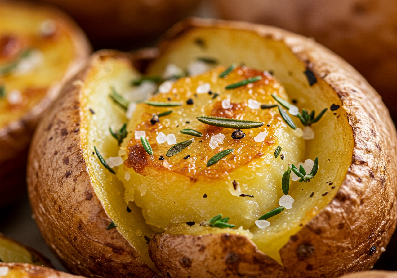 A close-up of a perfectly crispy roasted potato, showing its golden-brown exterior and soft interior, speckled with fresh green herbs and flaky sea salt.