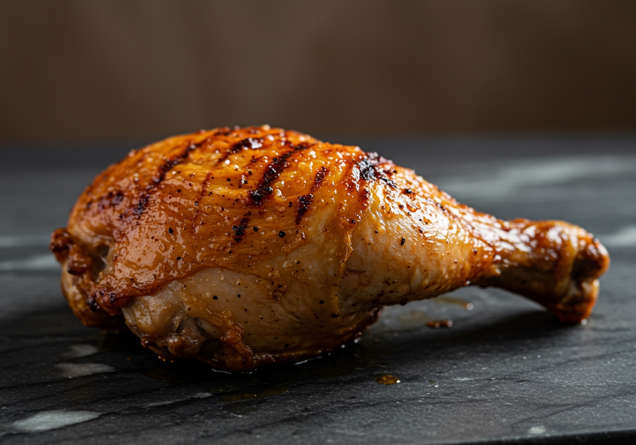 A close-up of a perfectly roasted chicken leg with crispy skin from an air fryer.