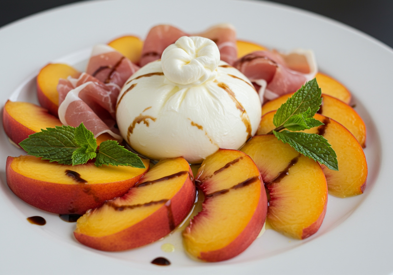 A close-up of a plate with sliced ripe peaches, a ball of creamy burrata cheese, slices of prosciutto, and fresh mint leaves, drizzled with balsamic glaze and olive oil.