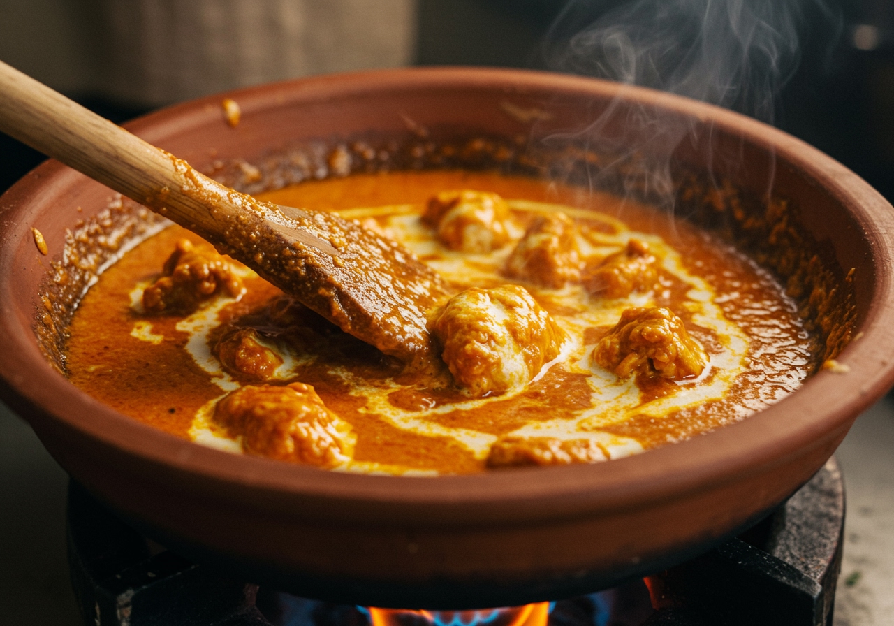 A close-up of a pot of rich, creamy Butter Chicken Curry being stirred gently with a wooden spoon. The chicken pieces are visible in the sauce.