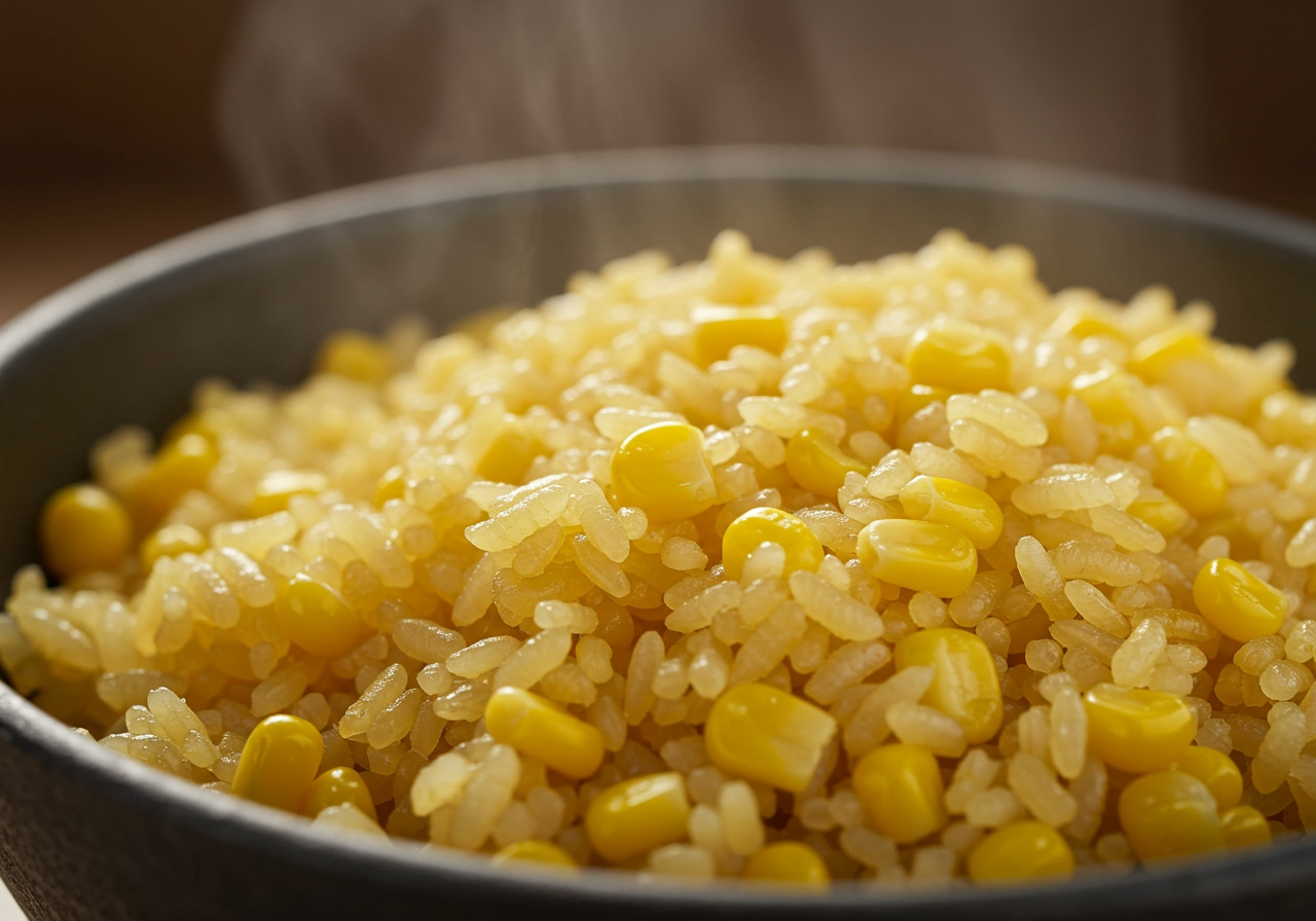 A close-up of a serving of fluffy corn rice in a bowl, showing the texture of the rice and vibrant yellow corn kernels, possibly with steam rising slightly