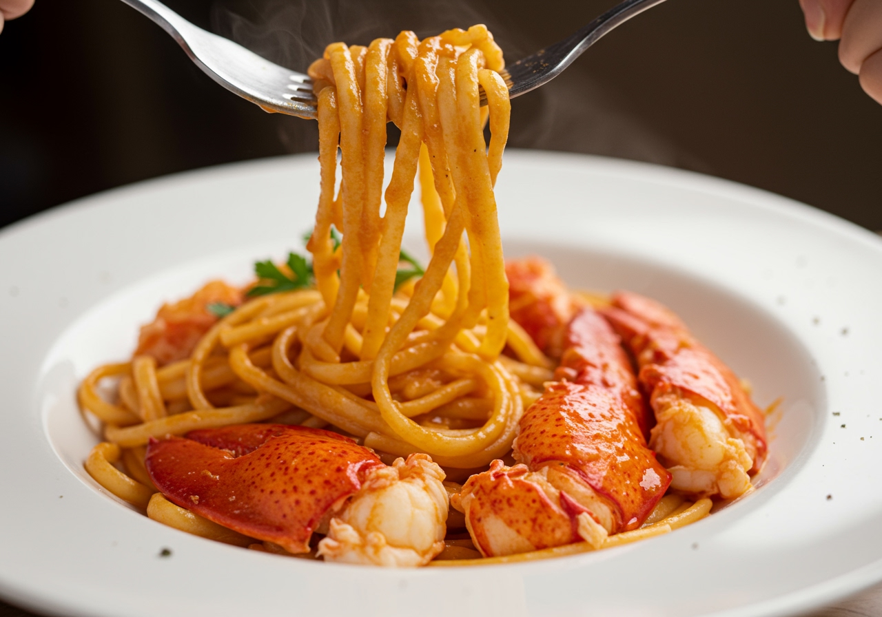 A close-up of a serving of lobster pasta being twirled with a fork, showing the glossy sauce and pieces of lobster.