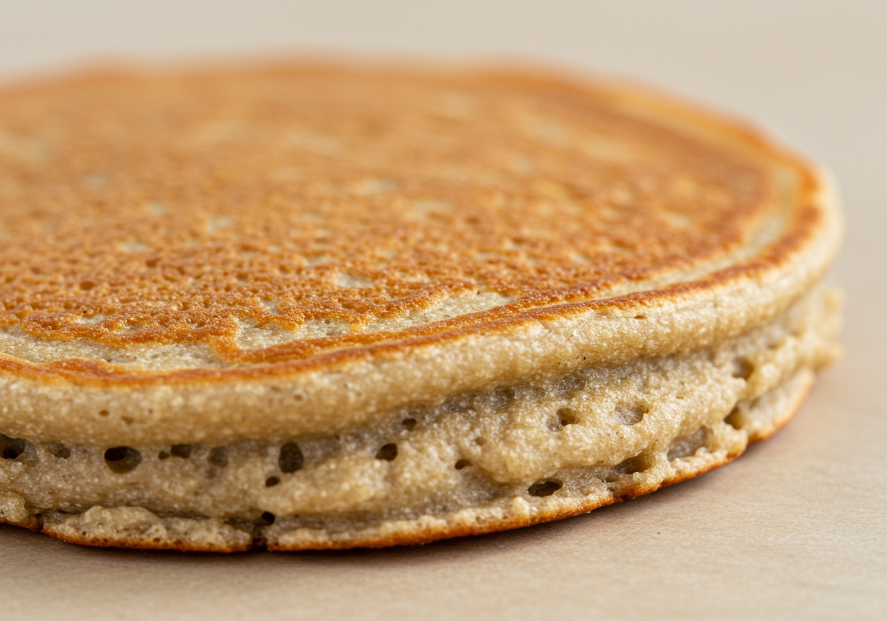 A close-up of a single cooked almond flour pancake, showing its slightly dense yet fluffy texture, with a golden-brown exterior.