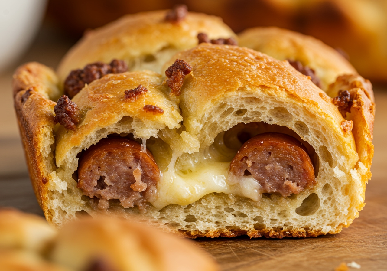 A close-up of a single piece of pull-apart sausage bread, showing the texture of the bread and the embedded sausage and cheese.