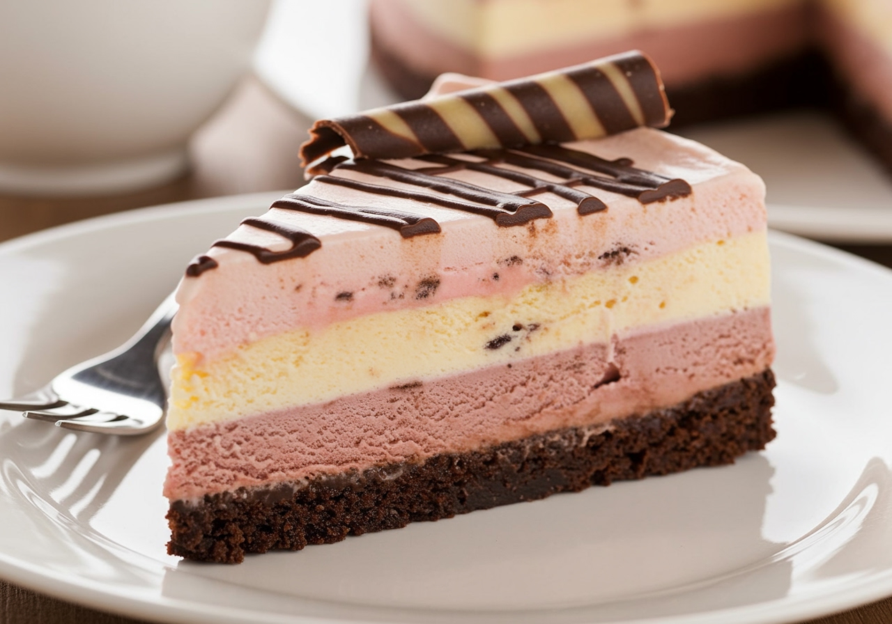 A close-up of a slice of gourmet-looking ice cream cake with distinct layers of different colored ice cream, perhaps a sauce layer, and a brownie base, topped with elegant chocolate swirls.