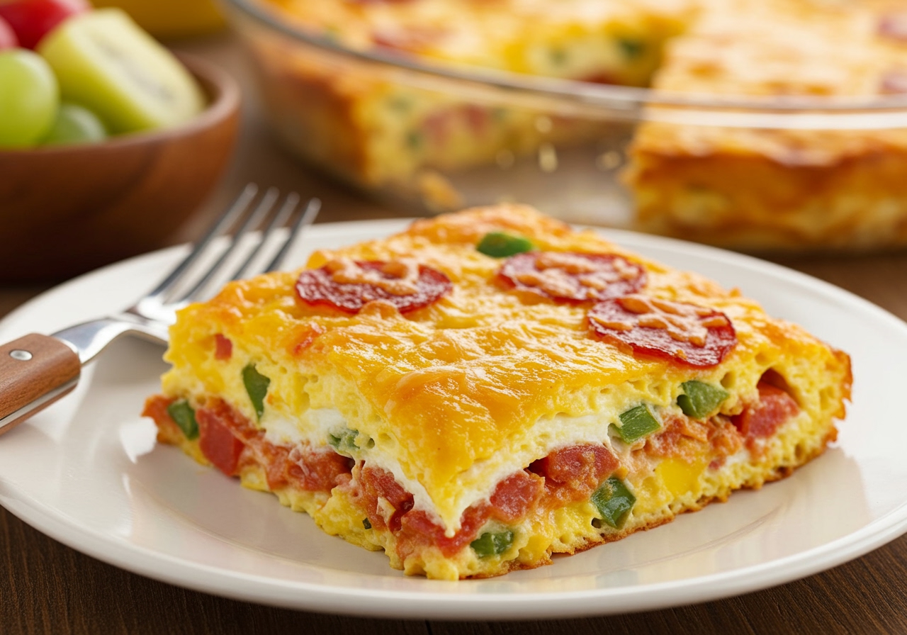 A close-up of a slice of the finished pizza breakfast casserole, showing the different layers of pizza, eggs, cheese, and visible vegetable pieces. It is served on a plate with a side of fresh fruit.