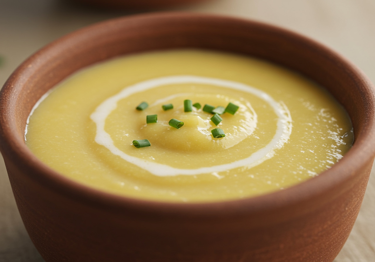 A close-up of a small bowl of thick, creamy soup, possibly blended corn or potato, garnished lightly.