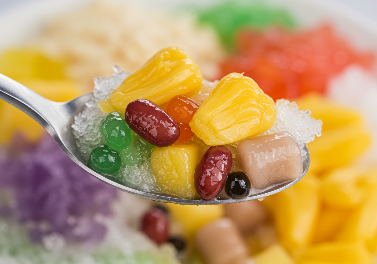 A close-up of a spoon scooping into a mixed Halo-Halo, showing various colorful ingredients clinging to the spoon.