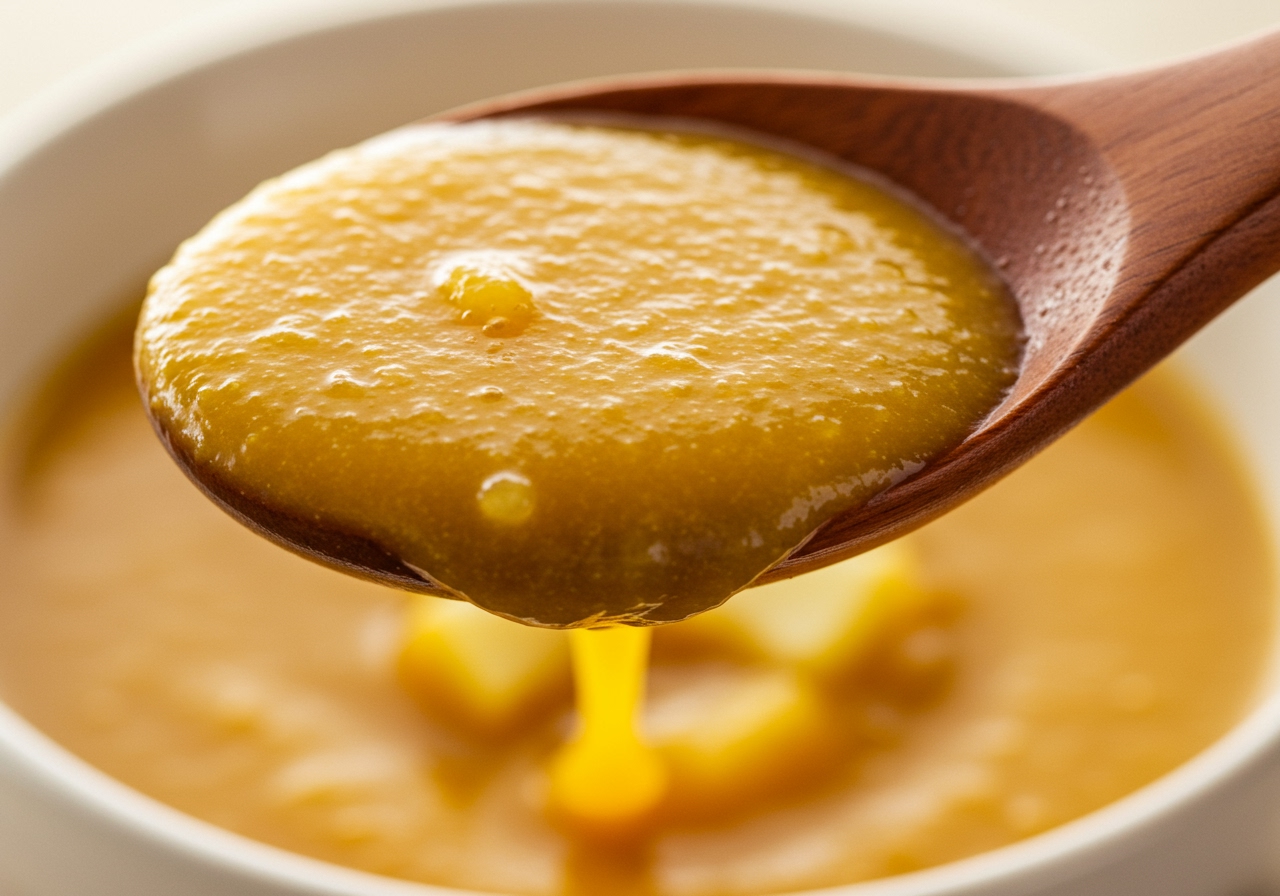 A close-up of a spoonful of creamy pumpkin and apple soup, showing its smooth texture.