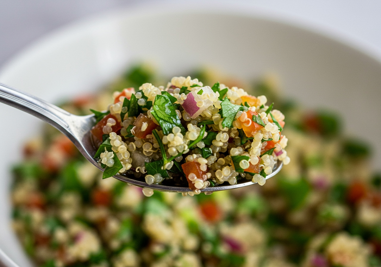 A close-up of a spoonful of quinoa tabbouleh salad, showing the texture and vibrant colors.