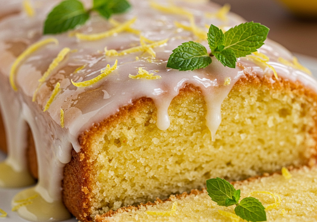 A close-up of a vibrant lemon marshmallow glaze drizzled over a slice of golden pound cake, garnished with fresh lemon zest and a few small mint leaves.