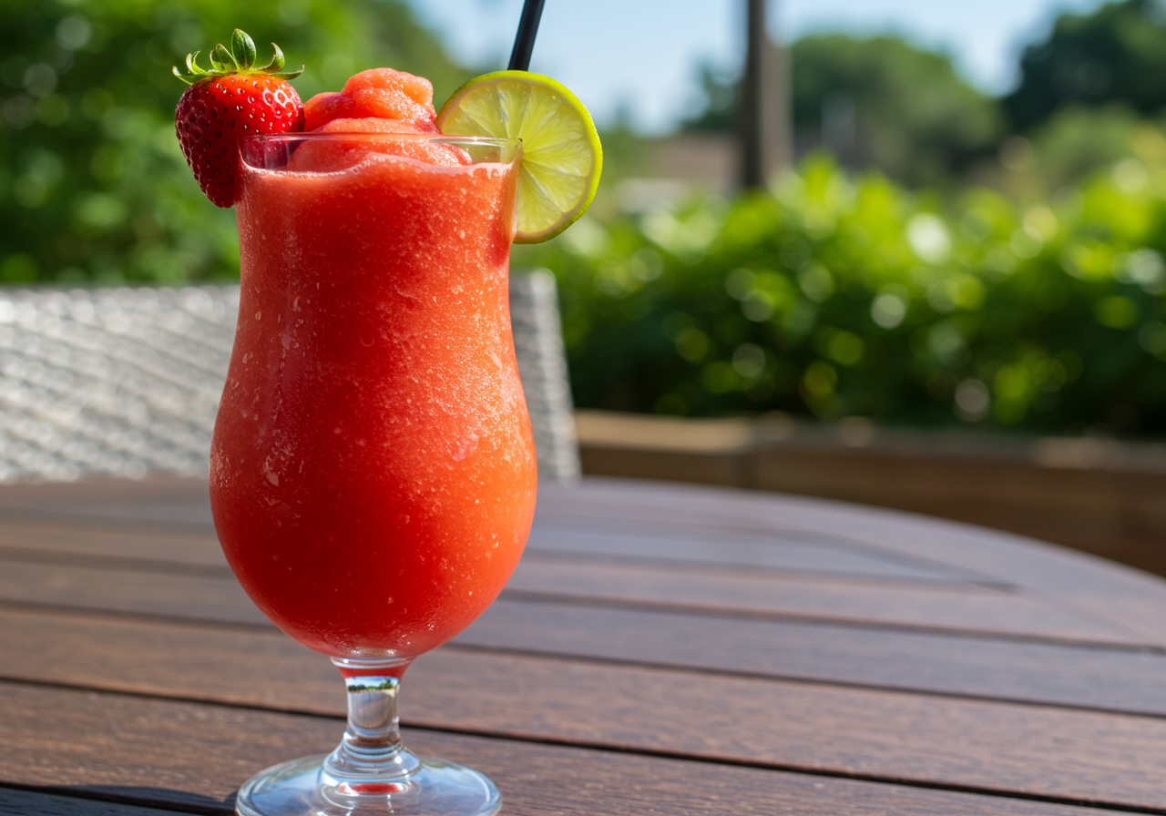 A close-up of a vibrant red frozen strawberry daiquiri in a hurricane glass, garnished with a fresh strawberry and a lime wedge, on a sunny patio table.