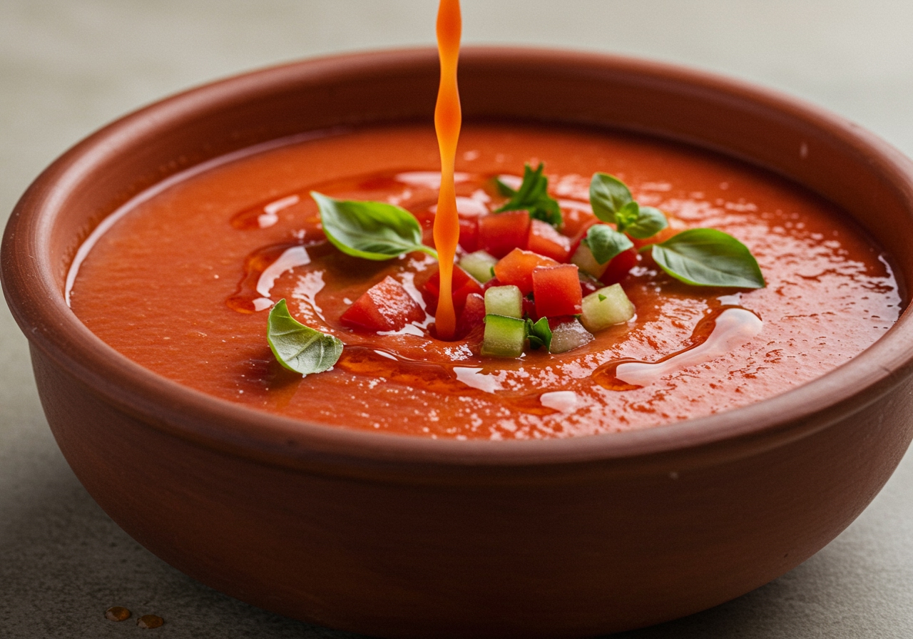 A close-up of a vibrant red gazpacho being poured into a bowl, garnished with fresh herbs.