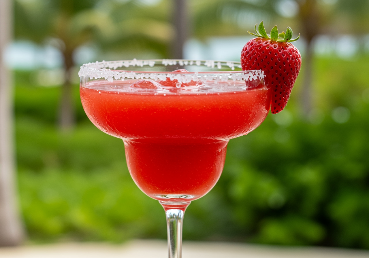 A close-up of a vibrant red strawberry margarita in a salt-rimmed glass, garnished with a fresh strawberry, with a blurred tropical background.