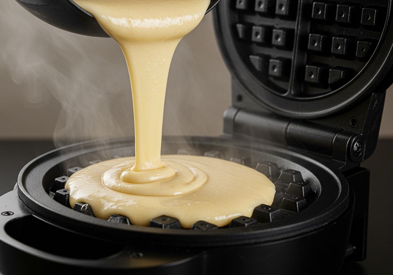A close-up of almond flour waffle batter being poured into a hot waffle iron, steam gently rising.