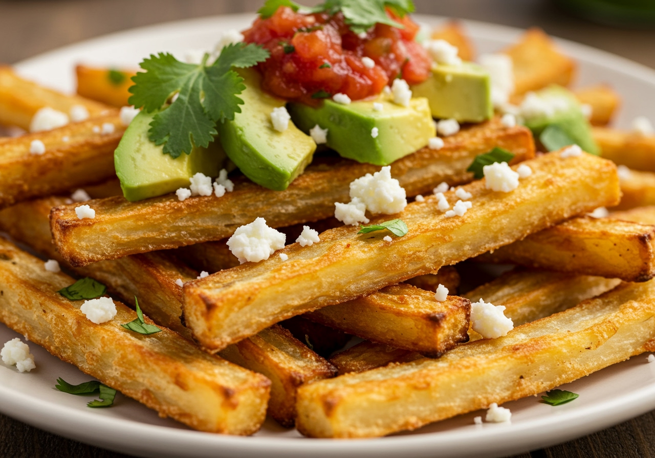 A close-up of baked jicama fries piled high on a plate, topped with generous amounts of colorful toppings like avocado, salsa, crumbled cheese, and cilantro