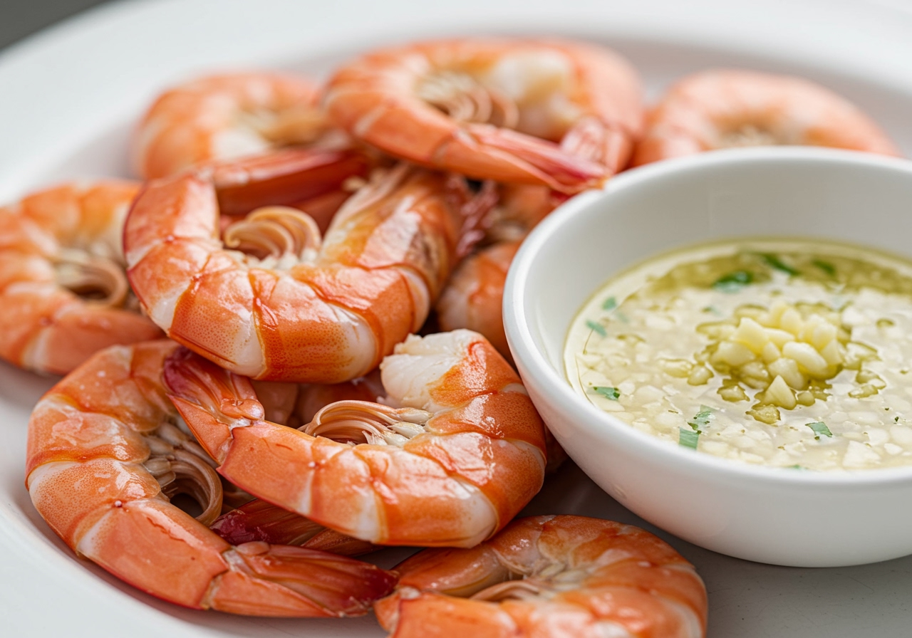 A close-up of beautifully boiled shrimp with a vibrant pink color and plump texture, maybe with a simple dipping sauce.