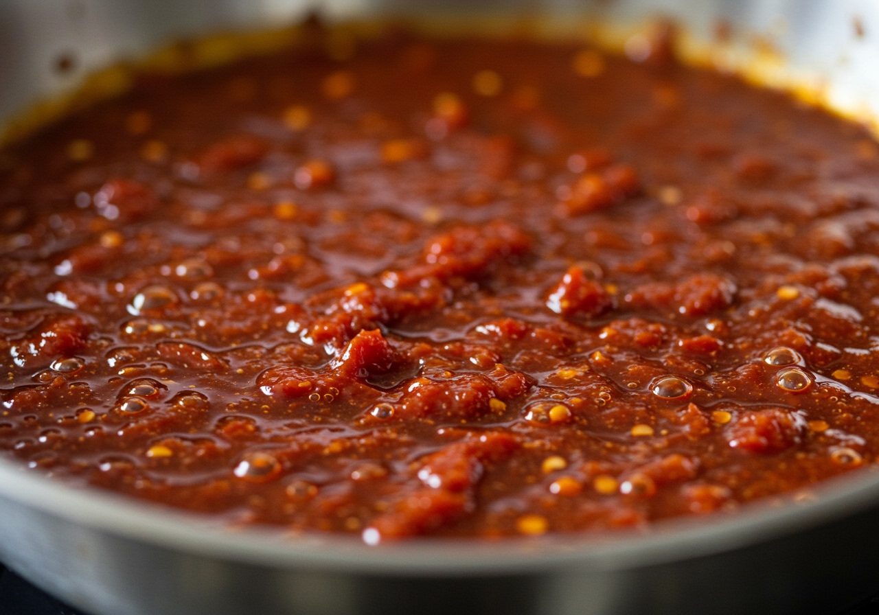 A close-up of chili sauce bubbling gently in a pan, showing the texture and color.