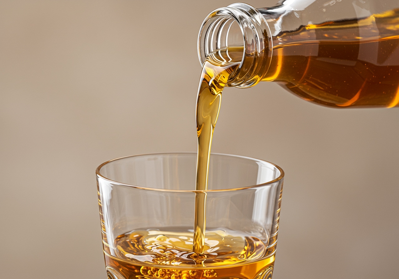 A close-up of clear healthy vanilla syrup being poured from a bottle into a glass.