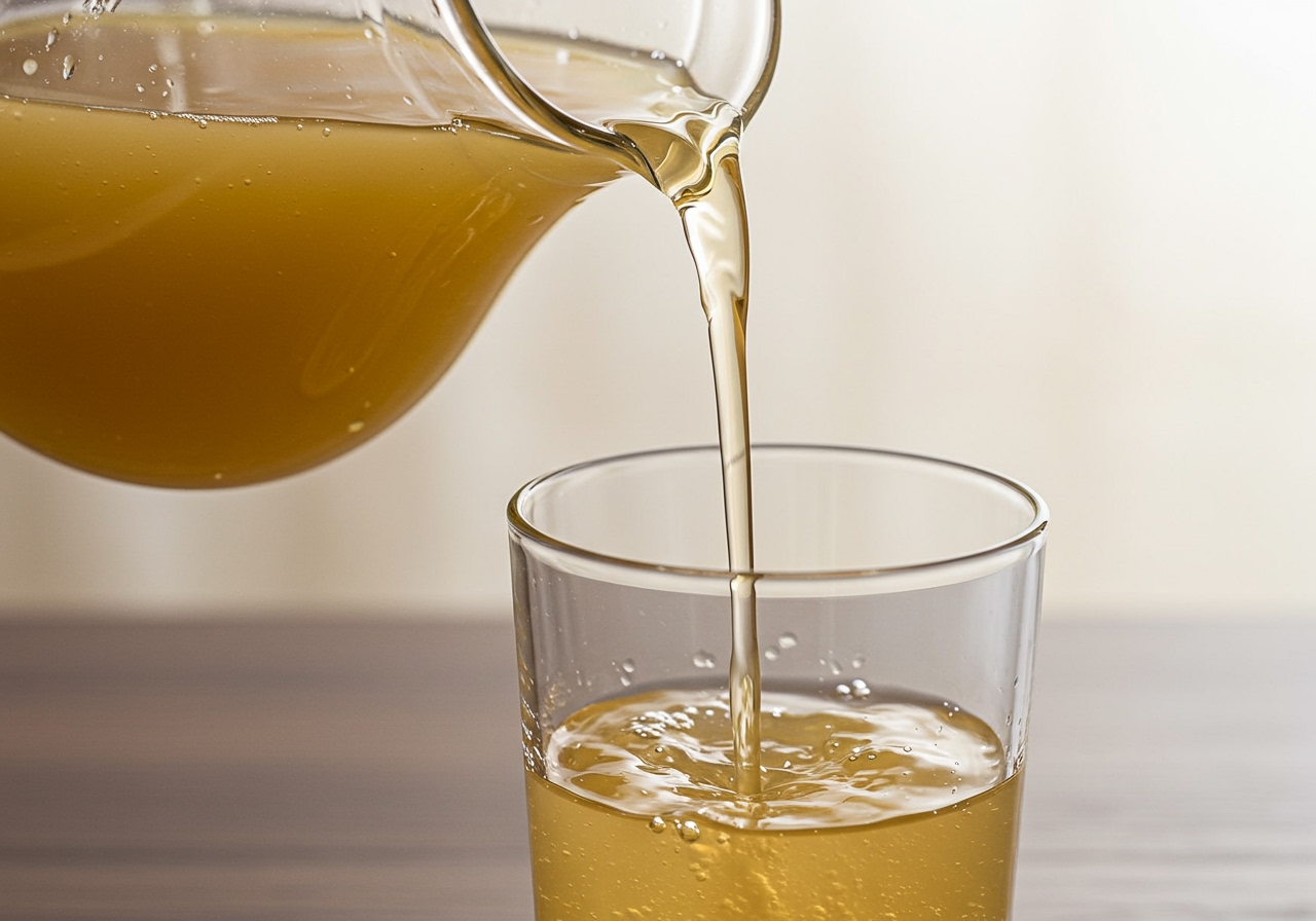 A close-up of cloudy, homemade ume juice being poured into a glass.