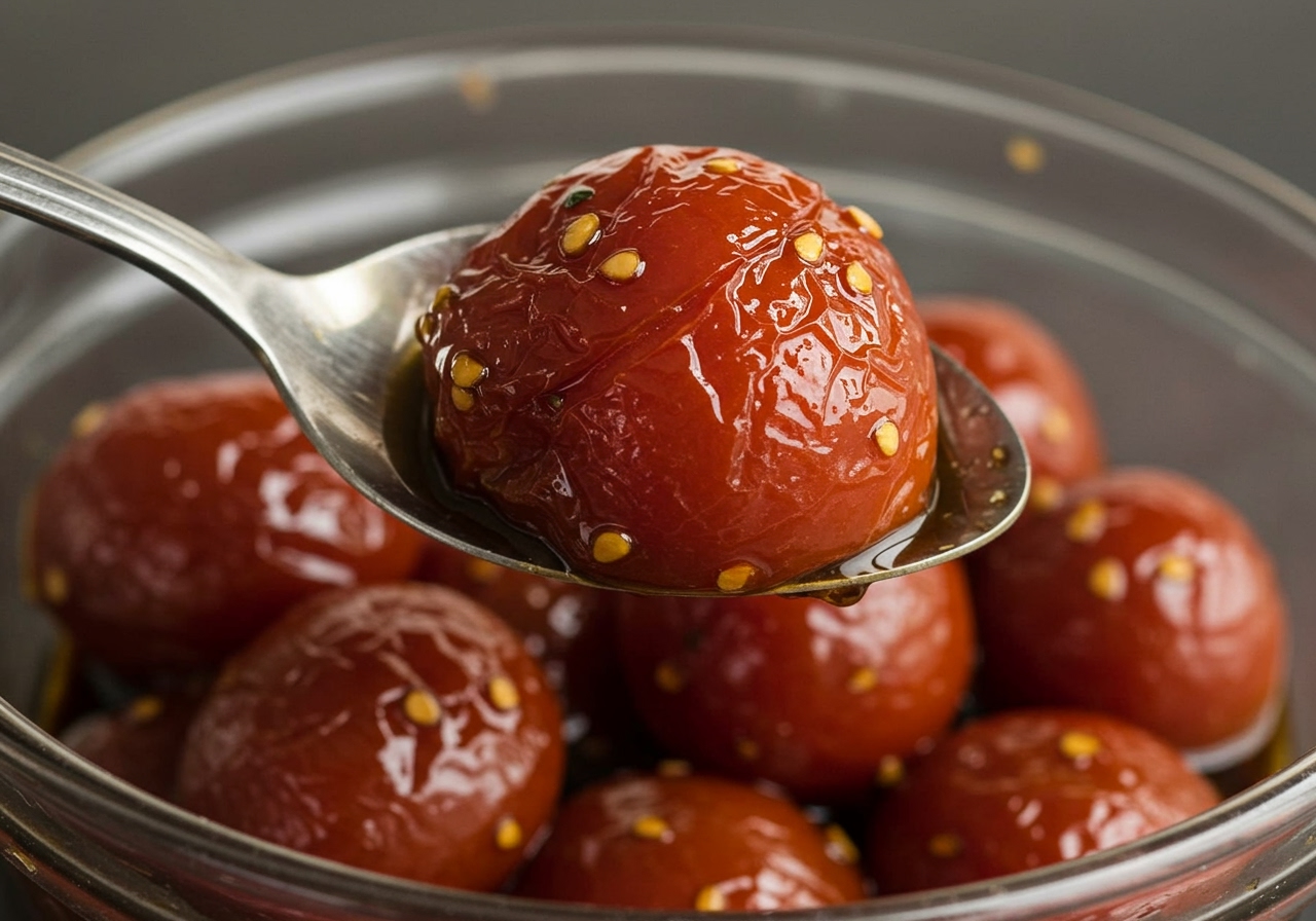 A close-up of cold marinated tomatoes being scooped from a bowl, showing the glossy marinade