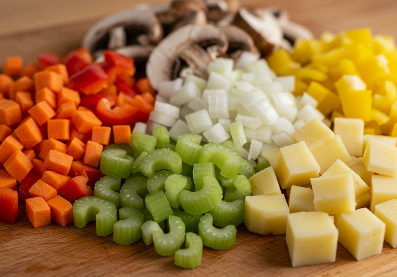 A close-up of colorful chopped fresh vegetables (carrots, onions, celery, mushrooms, bell peppers, potatoes) on a wooden cutting board, ready for a casserole. Bright and vibrant.