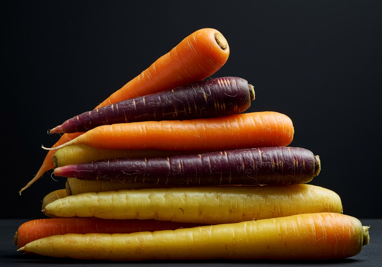 A close-up of different colored carrots (orange, purple, yellow, white) neatly stacked, showing their vibrant natural hues and fresh textures.