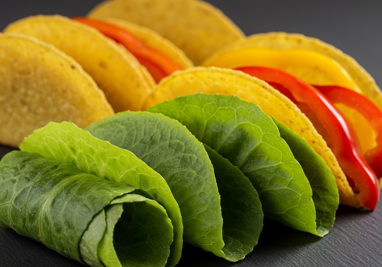 A close-up of different low-carb taco shells: crisp lettuce wraps, golden-brown cheese shells, and colorful bell pepper halves, ready to be filled.