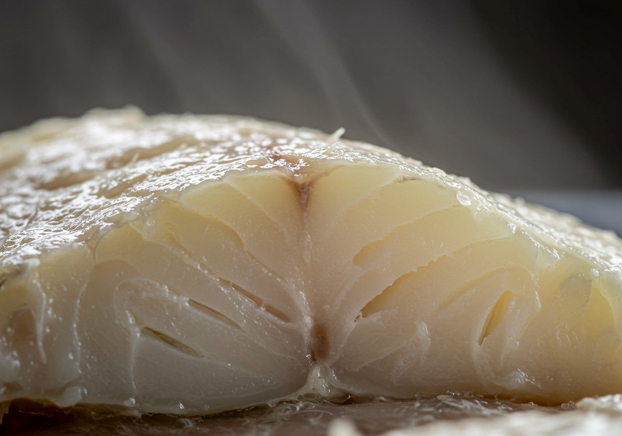 A close-up of flaky steamed white fish fillet.