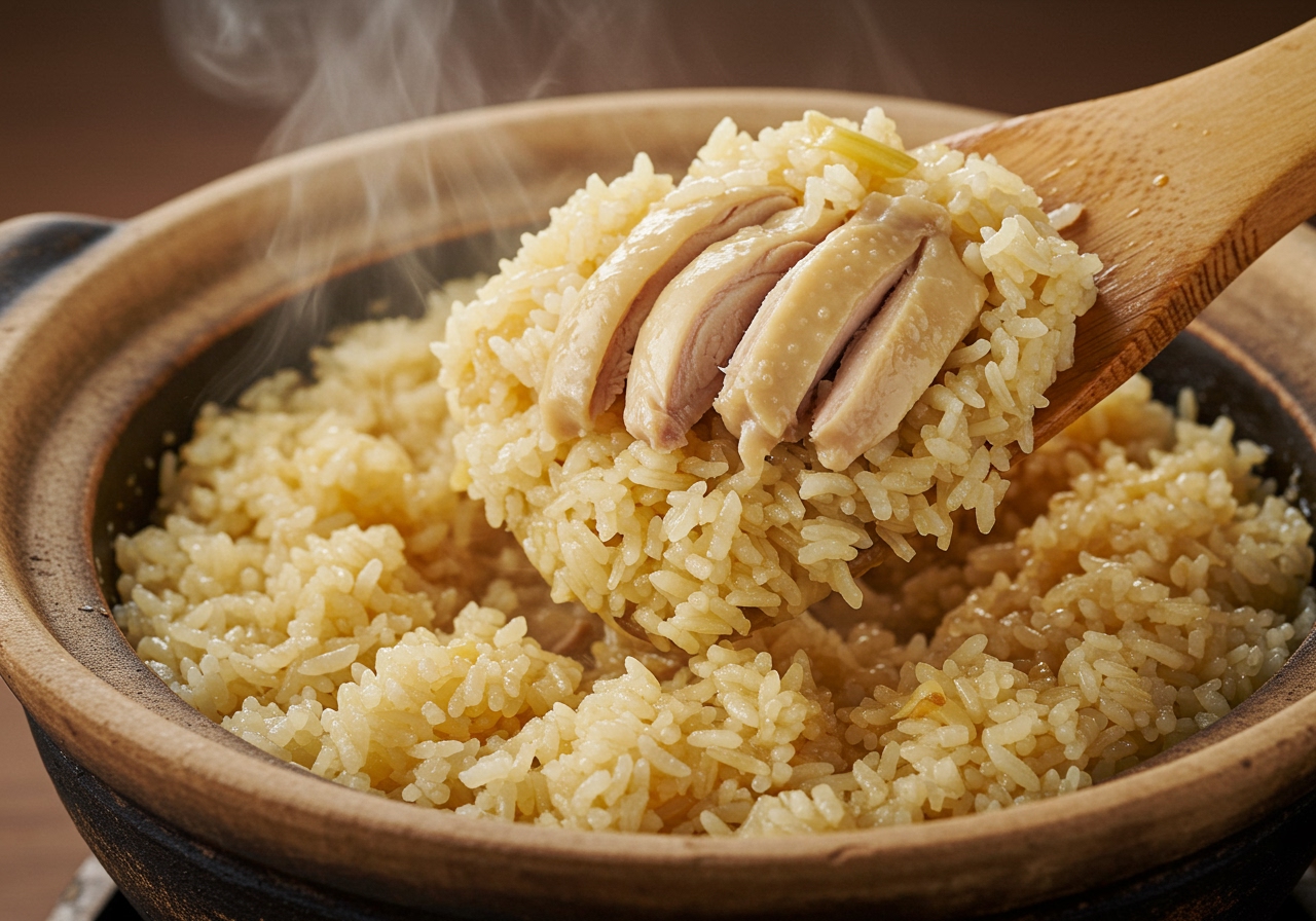 A close-up of fragrant chicken rice being fluffed with a paddle in a rice cooker or pot, showing the grains infused with chicken broth and aromatics.