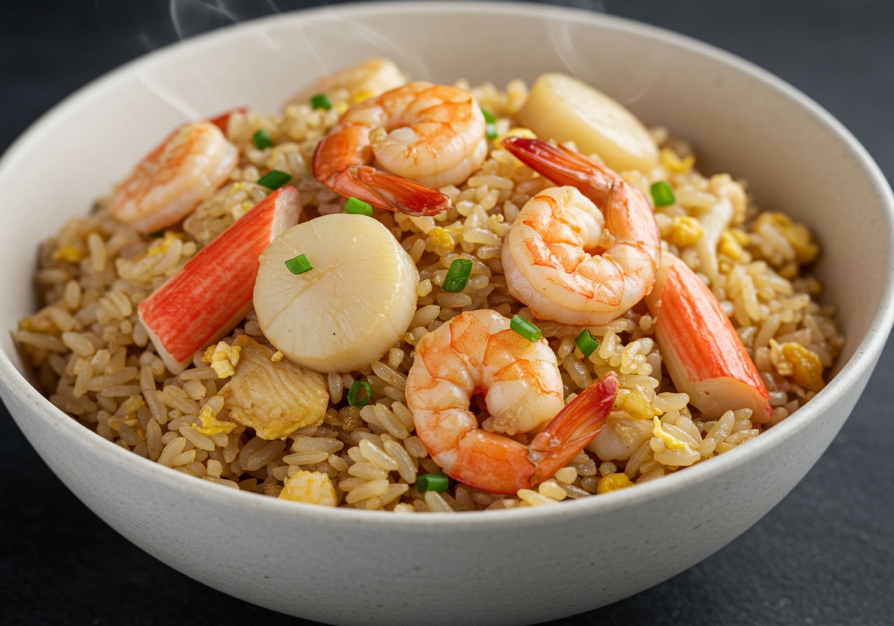 A close-up of fragrant seafood fried rice being served in a bowl, showing fluffy rice and visible seafood pieces.