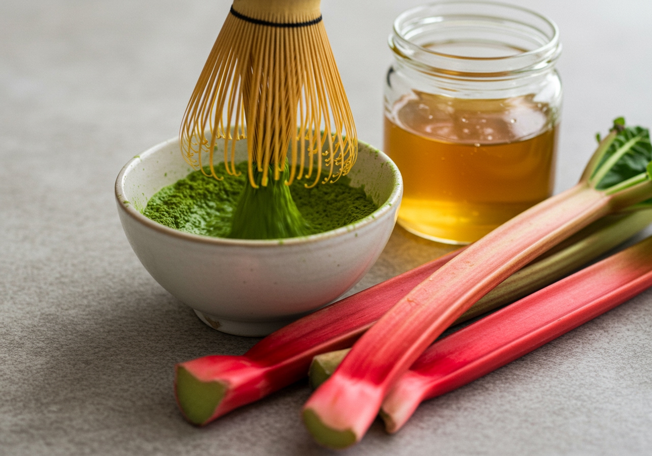 A close-up of fresh green matcha powder being whisked into a small bowl, next to a jar of golden honey and stalks of rhubarb.