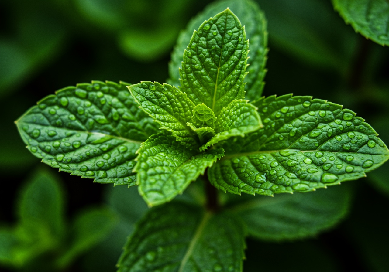 A close-up of fresh peppermint leaves with water droplets