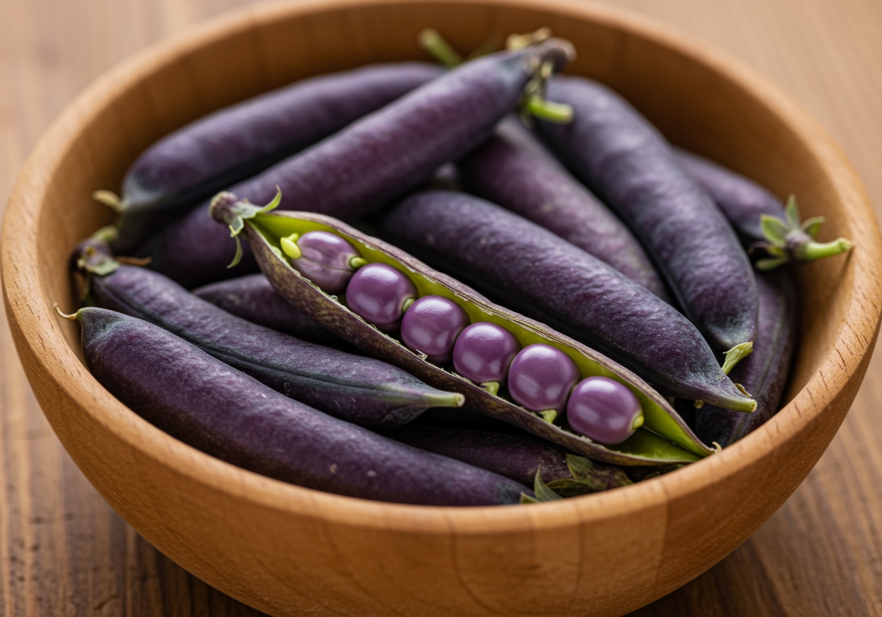 A close-up of fresh purple hull peas in their pods, with a vibrant purple hue, resting in a rustic wooden bowl.
