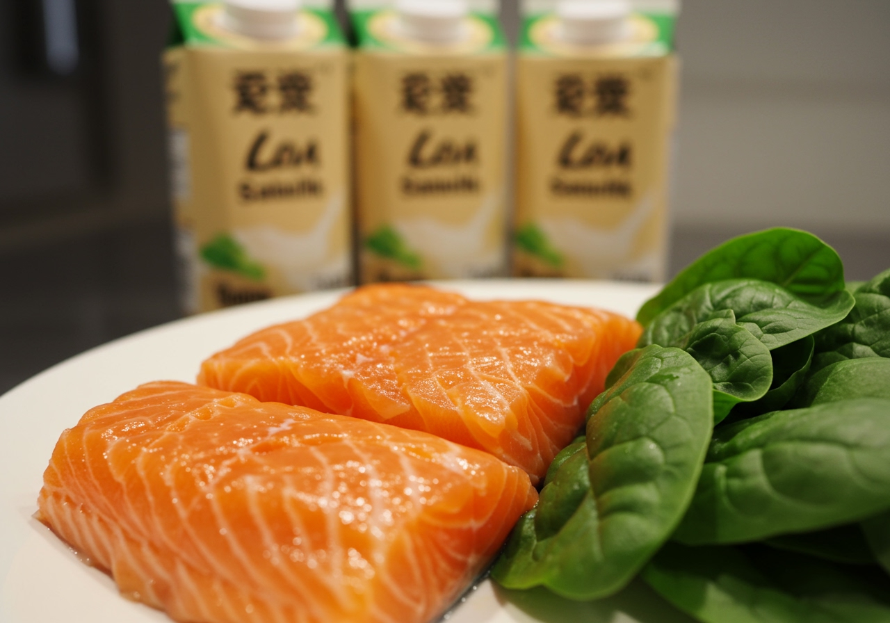 A close-up of fresh salmon fillets and vibrant green spinach leaves, perhaps with some soy milk cartons in the background, suggesting the main ingredients.