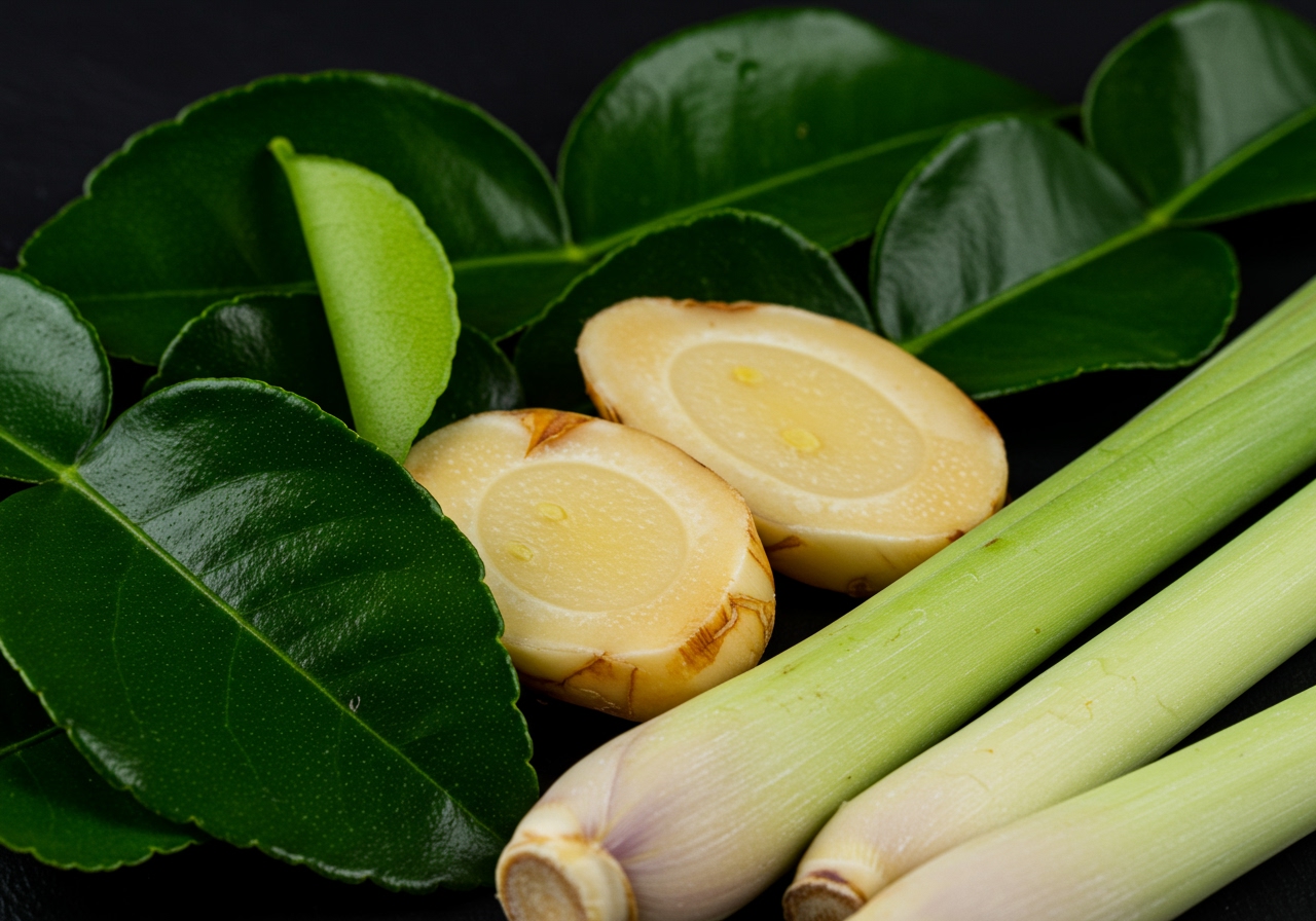 A close-up of fresh Thai herbs: bright green kaffir lime leaves, pale yellow galangal slices, and light green lemongrass stalks.