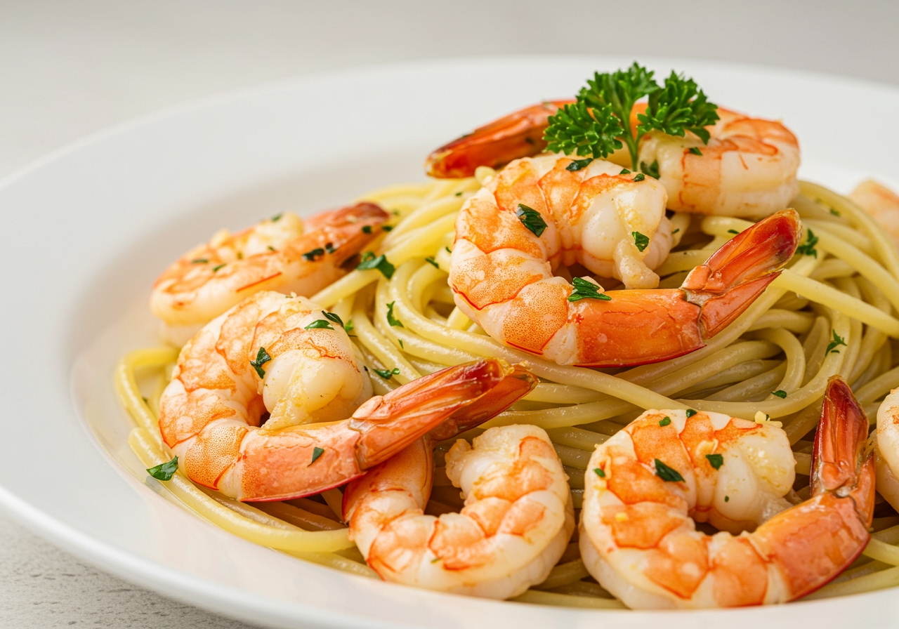 A close-up of freshly made shrimp scampi with linguine pasta, garnished with parsley.