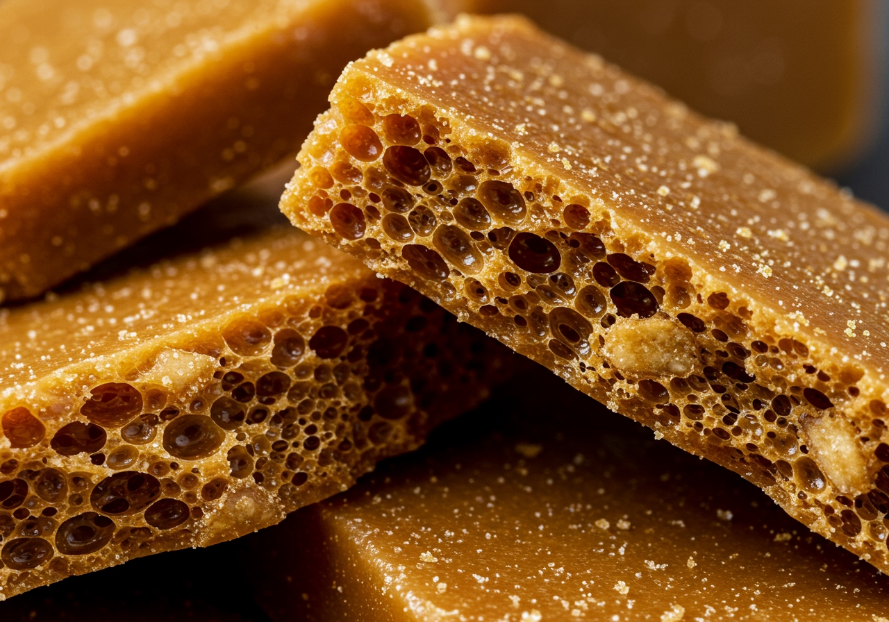 A close-up of golden-brown cinder toffee, showing its characteristic airy, honeycomb-like texture. Some pieces are broken, revealing the porous interior.
