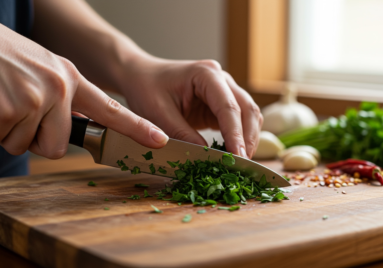 A close-up of hands finely chopping fresh parsley and oregano on a wooden cutting board, with other chimichurri ingredients like garlic and chili in the background.