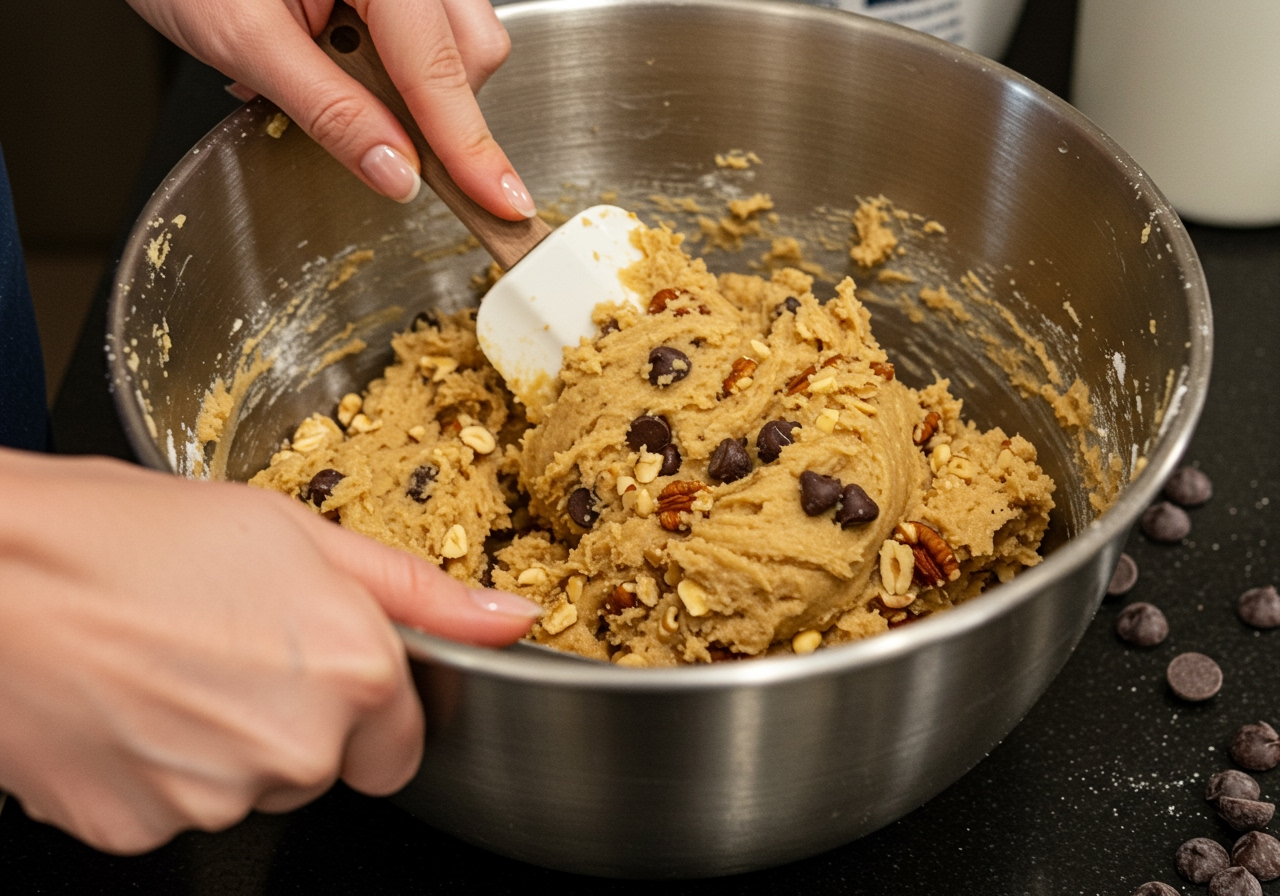 A close-up of hands mixing cookie dough in a large bowl. The dough is chunky with chocolate chips and nuts, and a spatula is used to gently fold the ingredients.