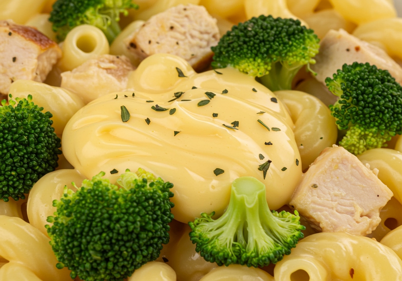 A close-up of mac and cheese with various healthy additions like chopped broccoli florets, cooked chicken pieces, and a sprinkle of fresh herbs. The cheese sauce is smooth and inviting.