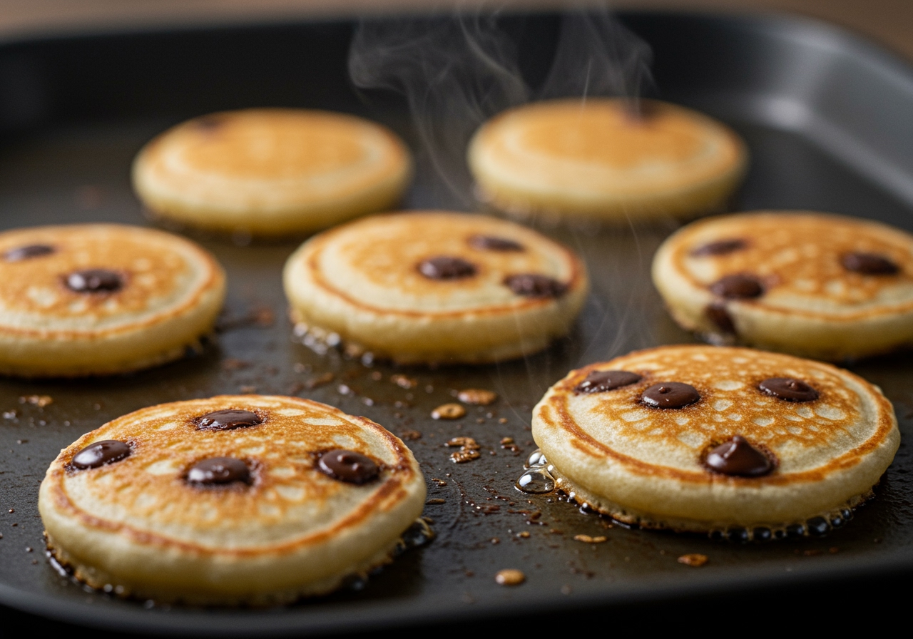 A close-up of mini chocolate chip pancakes cooking on a griddle, showing bubbles forming on the surface before flipping