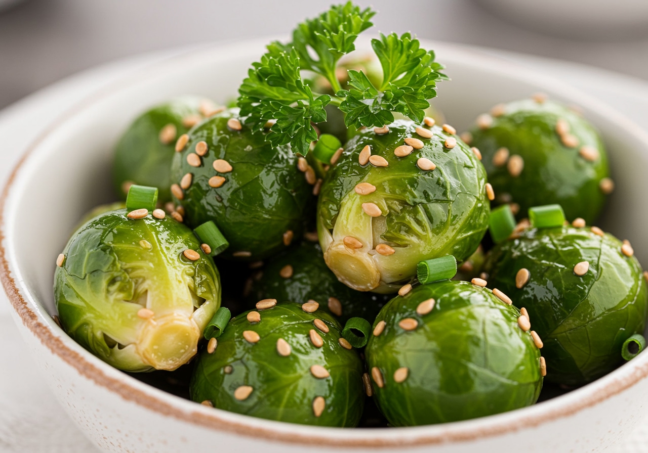 A close-up of perfectly marinated Brussels sprouts, garnished with fresh herbs and a sprinkle of sesame seeds, ready to be served in a small white bowl.