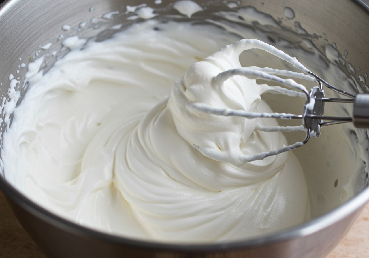 A close-up of perfectly whipped cream in a metal bowl, fluffy and stable, with a whisk resting in it.