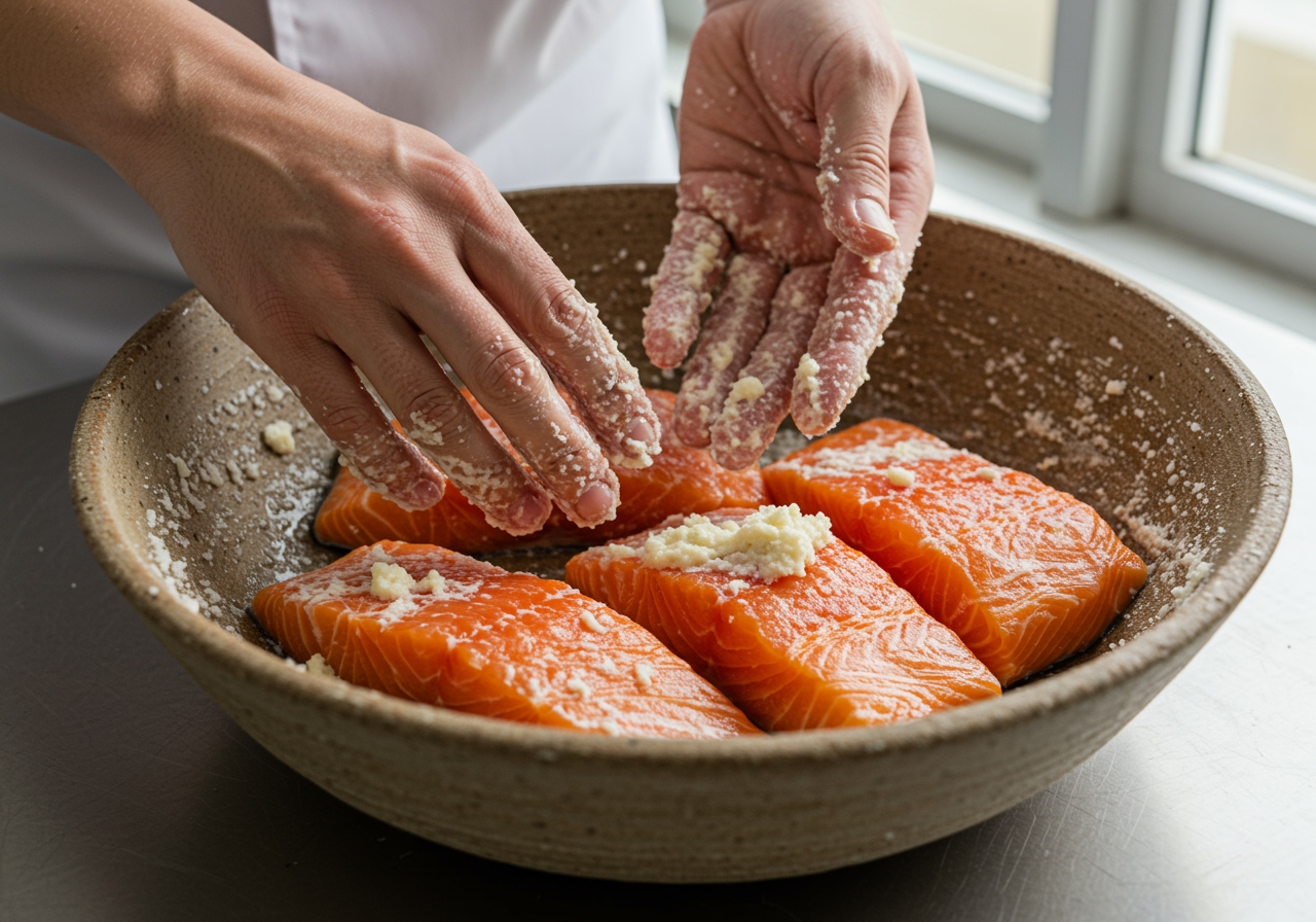 A close-up of raw salmon fillets being coated with salt koji paste in a bowl.
