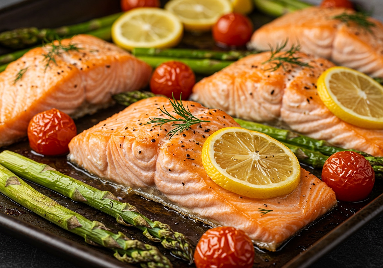 A close-up of roasted salmon fillets on a sheet pan with green asparagus and cherry tomatoes, garnished with lemon slices and fresh dill.